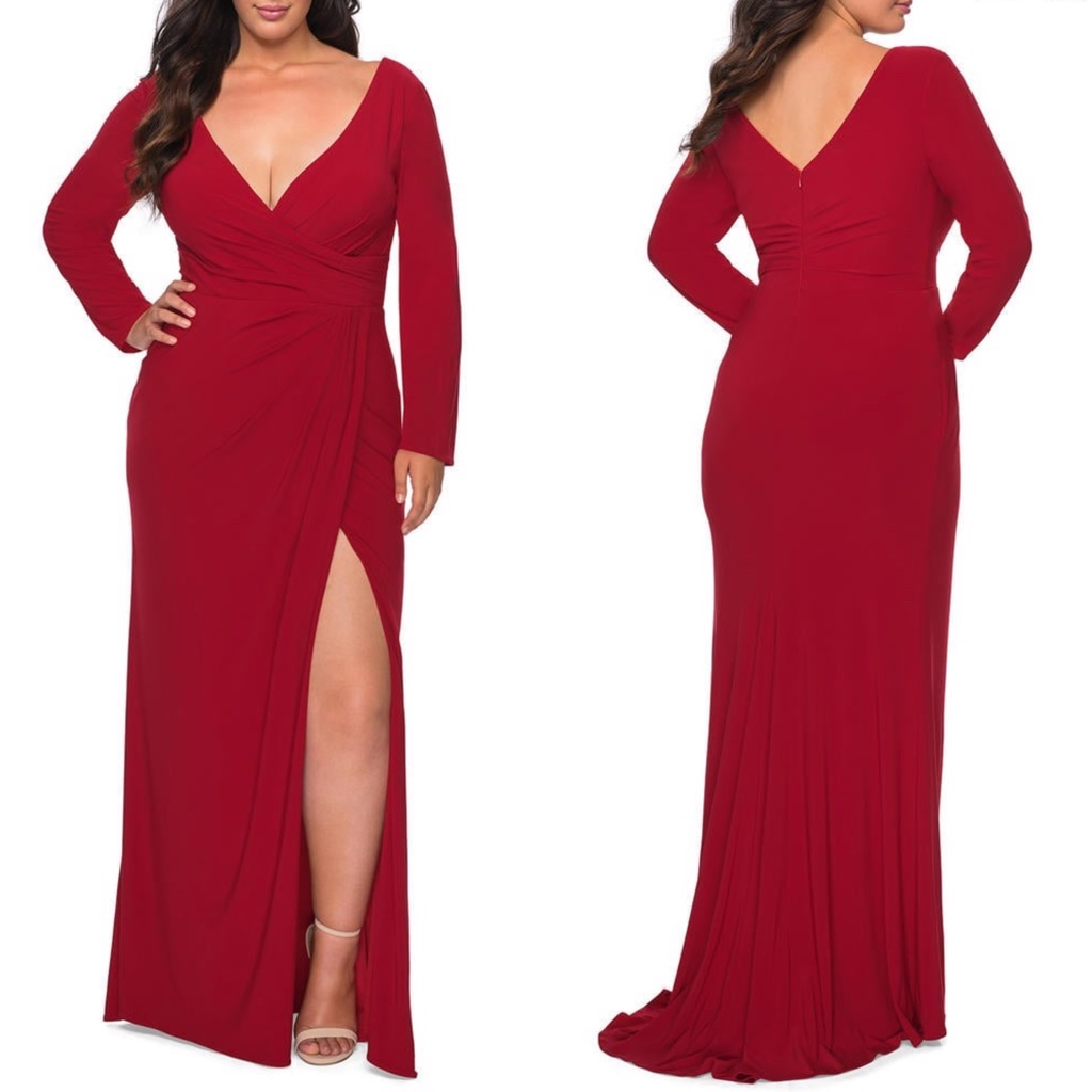 New La Femme Curve Red Long Sleeve V Neck Faux Wrap Plus Size Jersey Gown 20